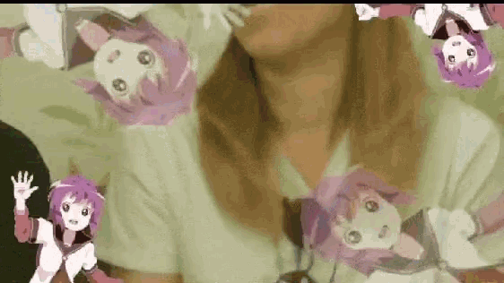 a woman with purple hair is surrounded by a bunch of anime characters .