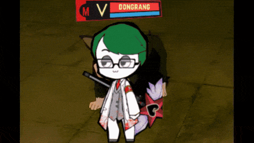 a cartoon character with green hair and glasses is standing in front of a red sign that says dongrang