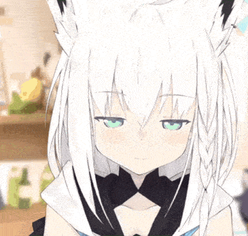 an anime girl with white hair and black ears is smiling