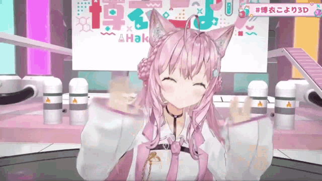 a girl with pink hair and cat ears is smiling in a video game .