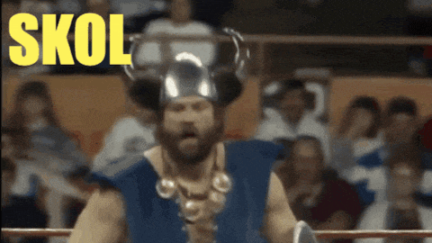a man in a viking costume is in a boxing ring and the word skol is on the screen