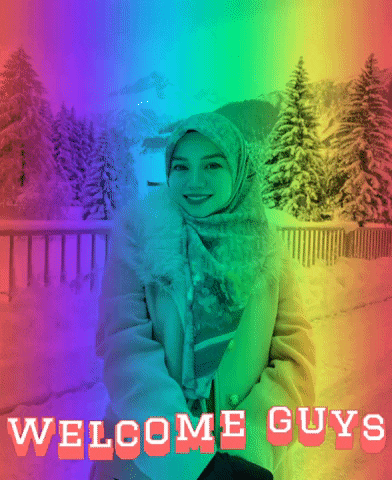 a woman in a hijab is sitting in the snow with the words welcome guys written below her