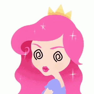 a girl with pink hair and a crown on her head is making a funny face .