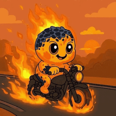 a cartoon of a person riding a motorcycle with flames around them