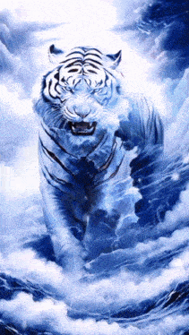 a painting of a white tiger walking in the clouds