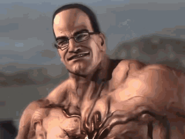 a close up of a man 's face with glasses and blood coming out of his chest