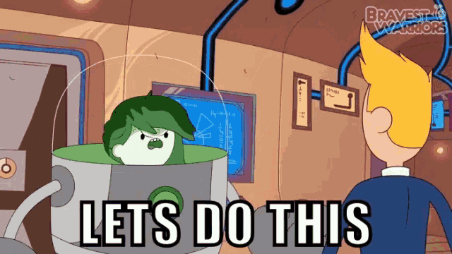 a cartoon character says let 's do this in front of a man in a suit
