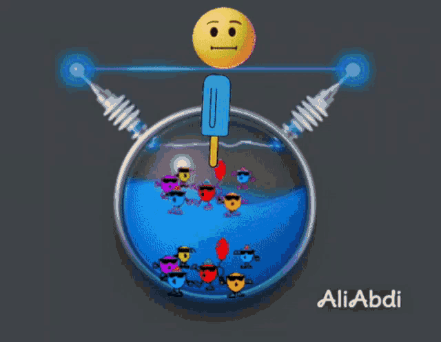 a cartoon of a smiley face and a popsicle with the name ali abdi on the bottom right