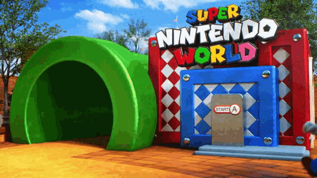 a super nintendo world sign with a green tunnel