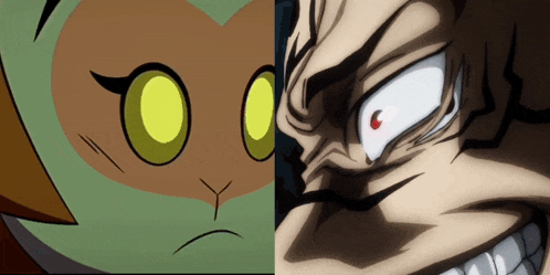 a close up of a cartoon character 's face next to another character 's face