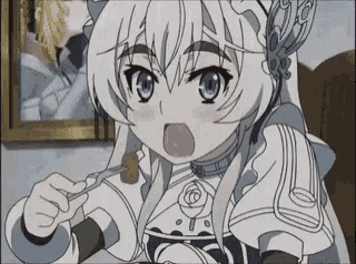 a cartoon girl with white hair and purple eyes is eating something with a fork .