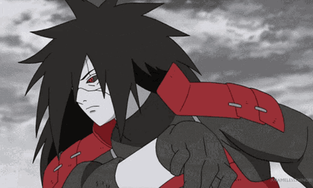 a black and white drawing of a man with red eyes and a red and black jacket