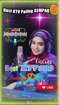 a woman wearing headphones and a hijab stands in front of a microphone with the words host ktv paling gempaq