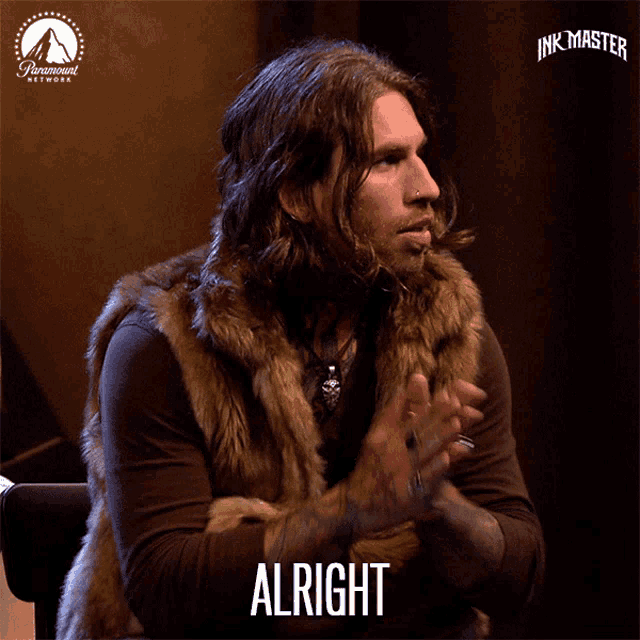 a man wearing a fur vest says " alright " in a paramount network advertisement