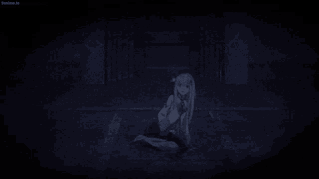 a girl with long white hair is standing in the dark .
