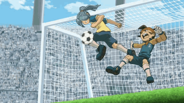 a cartoon of a boy kicking a soccer ball while another boy watches