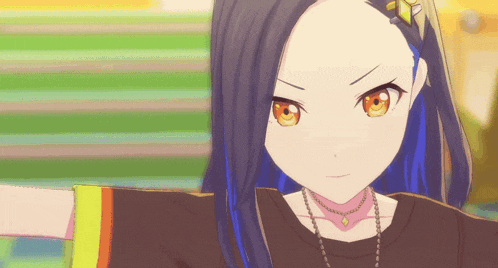 a girl with blue hair and yellow eyes is wearing a choker