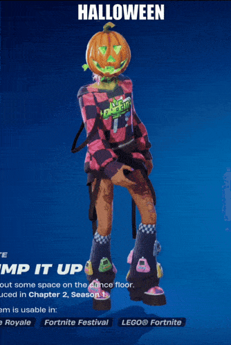 a video game character with a pumpkin on her head says halloween