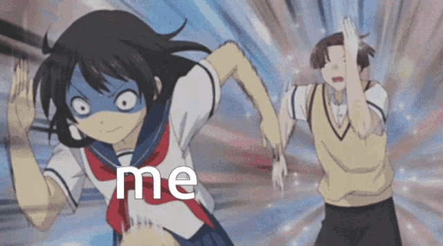 a girl in a school uniform is running away from a boy with the word me written on the bottom