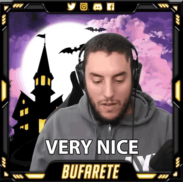 a man wearing headphones says " very nice " in front of a haunted house