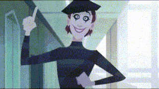 a cartoon character is wearing a black hat and smiling