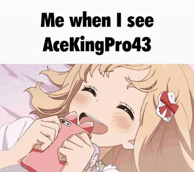 a picture of a girl holding a cell phone with the caption " me when i see acekingpro43 " on the bottom