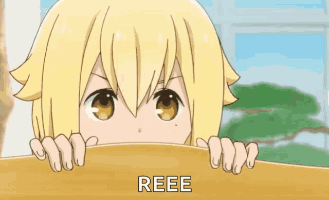 a cartoon girl with blonde hair is peeking over a table and says reee .