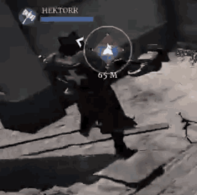 a person is standing in the snow in a video game with a circle around them that says 65 m .