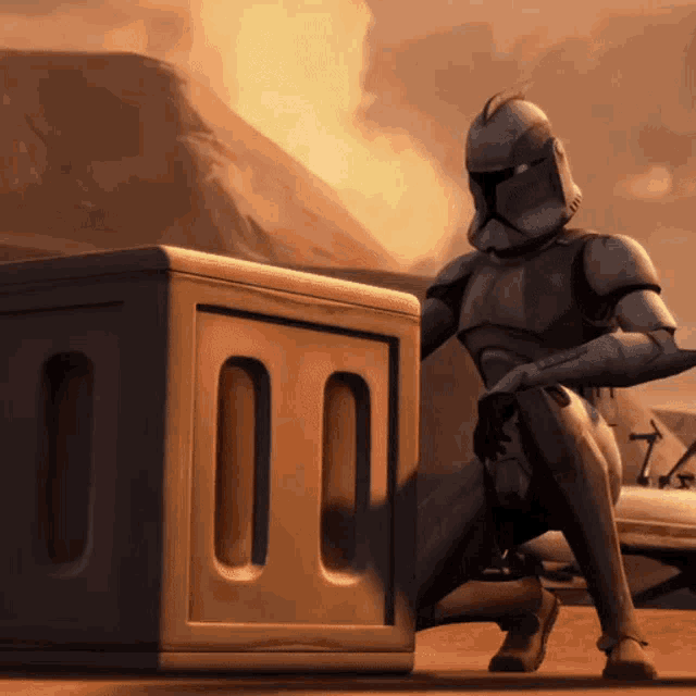 a clone trooper is kneeling down next to a block with the number 00 on it