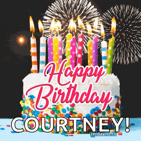 a birthday cake with candles and fireworks in the background for courtney .