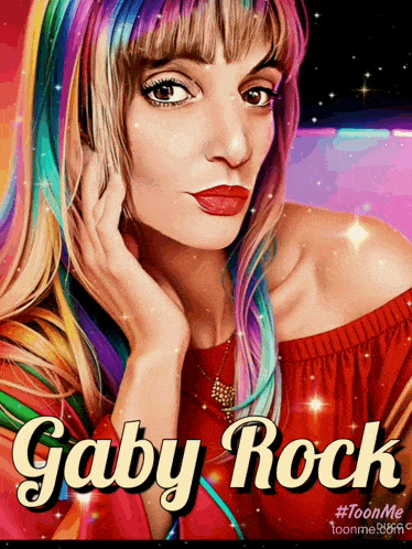a poster of a woman with rainbow hair and the name gaby rock