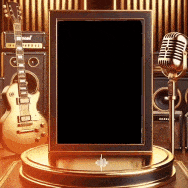 a guitar and a microphone are on a gold podium