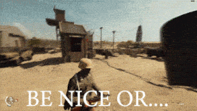 a video game scene with the words be nice or written on the screen