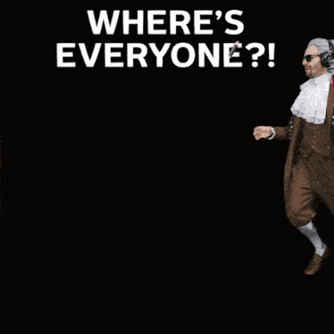 a man in a suit and tie with headphones is dancing in front of a black background that says where 's every ?