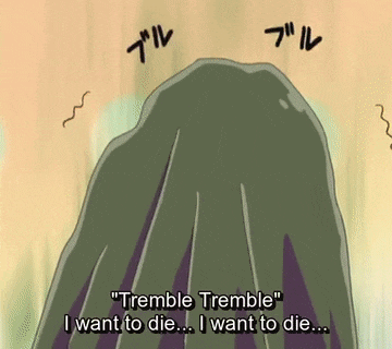 a cartoon says " tremble tremble " in front of a mountain