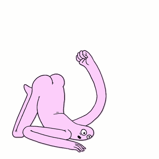 a pink cartoon character is laying on its stomach with a blue square in the background .
