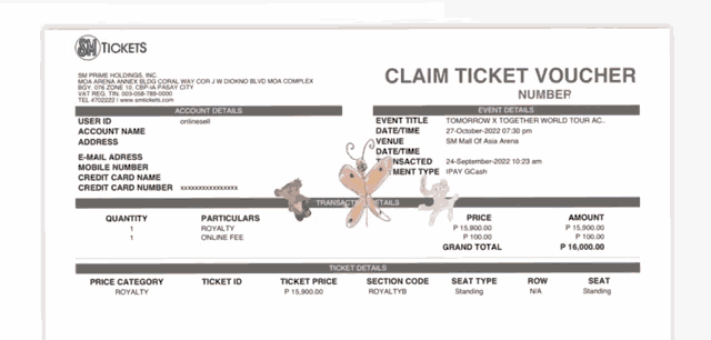 a claim ticket voucher from sm tickets with a dragonfly on it