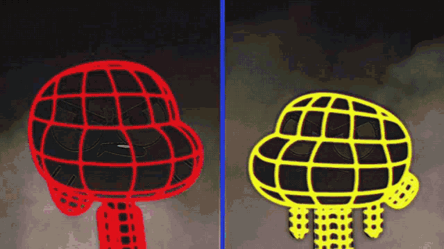 a red cartoon character and a yellow cartoon character are standing next to each other