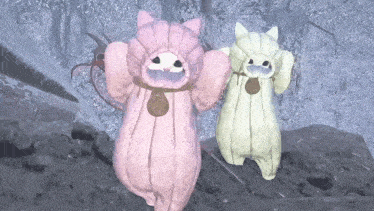 two stuffed animals are standing next to each other in a snowy forest