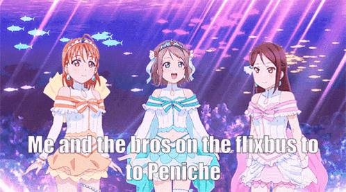 three anime girls standing next to each other with the words me and the bros on the flixbus to peniche