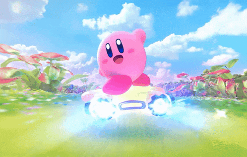 a video game character named kirby is driving a white car