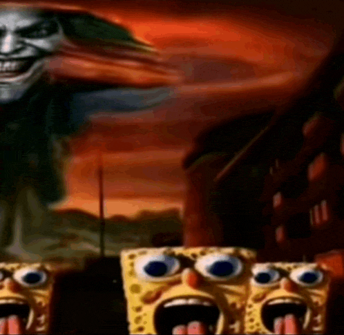 a group of spongebob squarepants with their tongues out and a joker behind them .