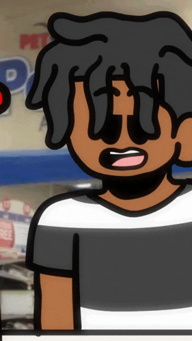 a cartoon drawing of a man with dreadlocks in front of a pizza sign