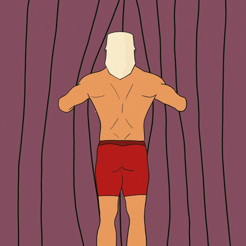 a cartoon drawing of a man in red shorts with his arms outstretched