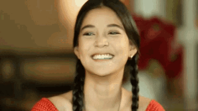 a young woman with pigtails is smiling and looking at the camera .
