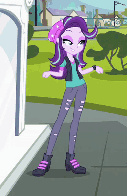 a cartoon girl with purple hair and a purple hat