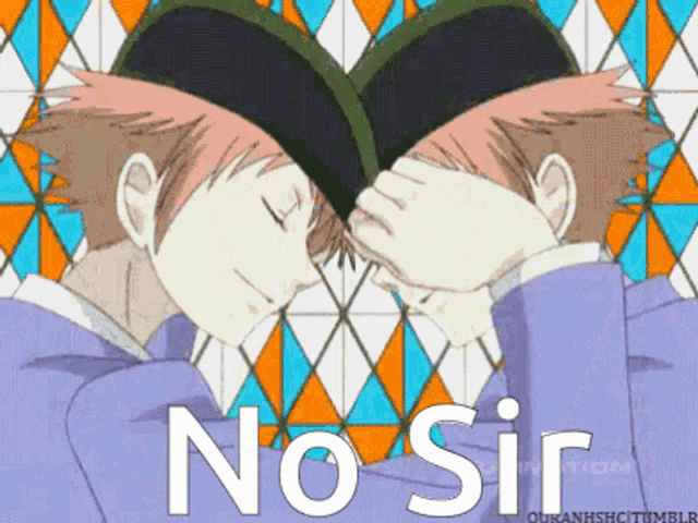 two anime characters covering their faces with their hands and the words " no sir " written on the bottom