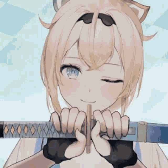 a girl is holding a sword and playing cards in her mouth