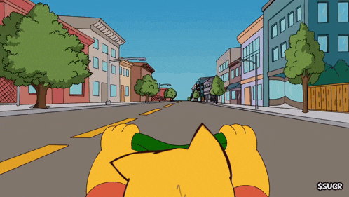 a cartoon drawing of a cat driving down a street with buildings in the background and a sign that says $ sugr
