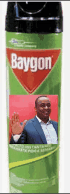a bottle of baygon with a picture of a man waving